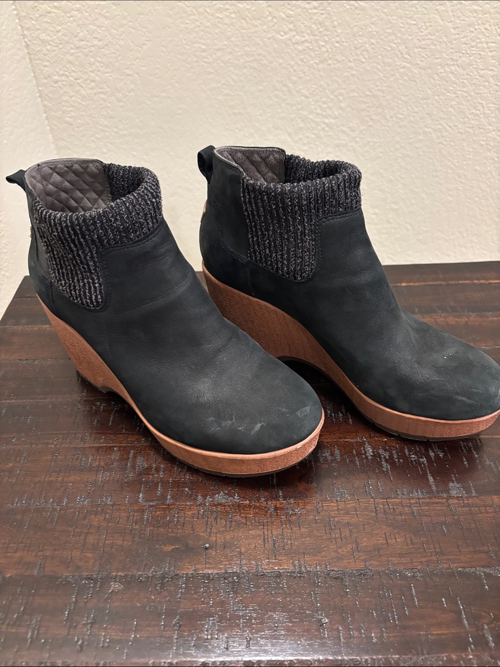 Dr. Scholl's Black Knit-Cuff Wedge Booties with Tan Wedge